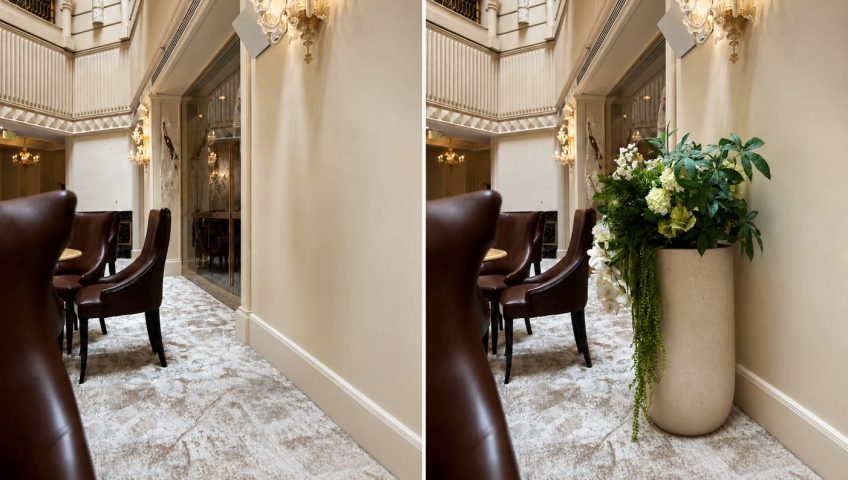 Before-and-after view of an elegant interior with custom greenery added by Asta Trading