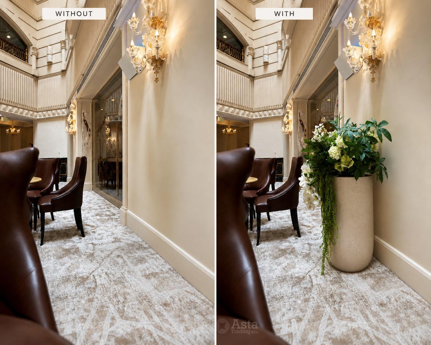 Before-and-after view of an elegant interior with custom greenery added by Asta Trading